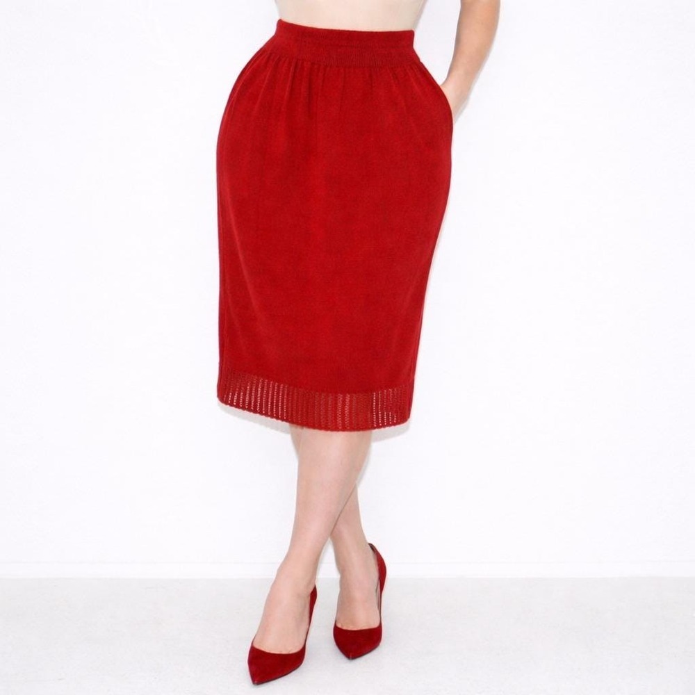 70s Vintage Red Pointelle Knit Wool Midi Skirt Womens 14 High Rise Elastic Waist